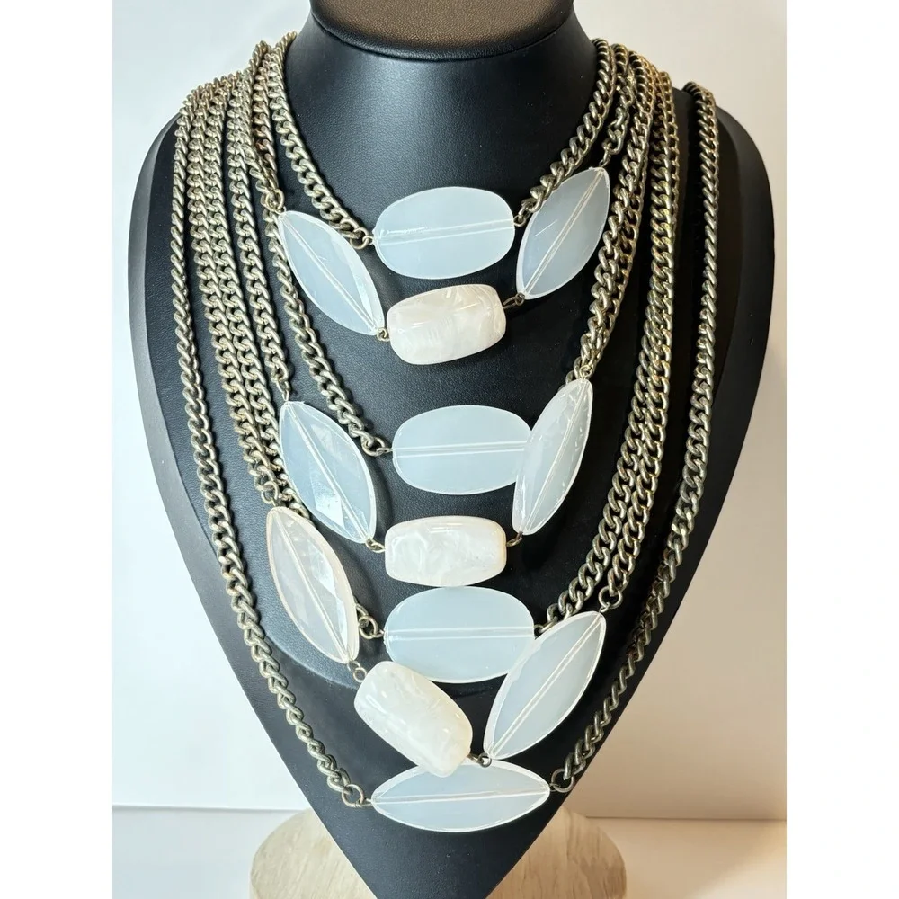 90's Chunky Statement Necklace Acrylic Bead Bronze Tone Chain 5 Strand 19